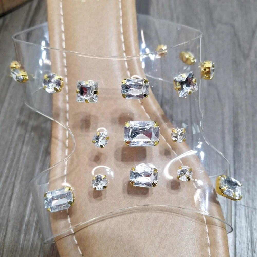 Comfort Women's Size 9M Tan Clear PVC Straps Rhinestones Cork Wedge Sandals